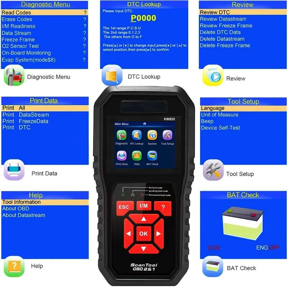 KONNWEI KW850 Professional OBD2 Scanner Check Engine OBDII Full Functions Code Reader Car Diagnostic Scanner Tools PK CR3001