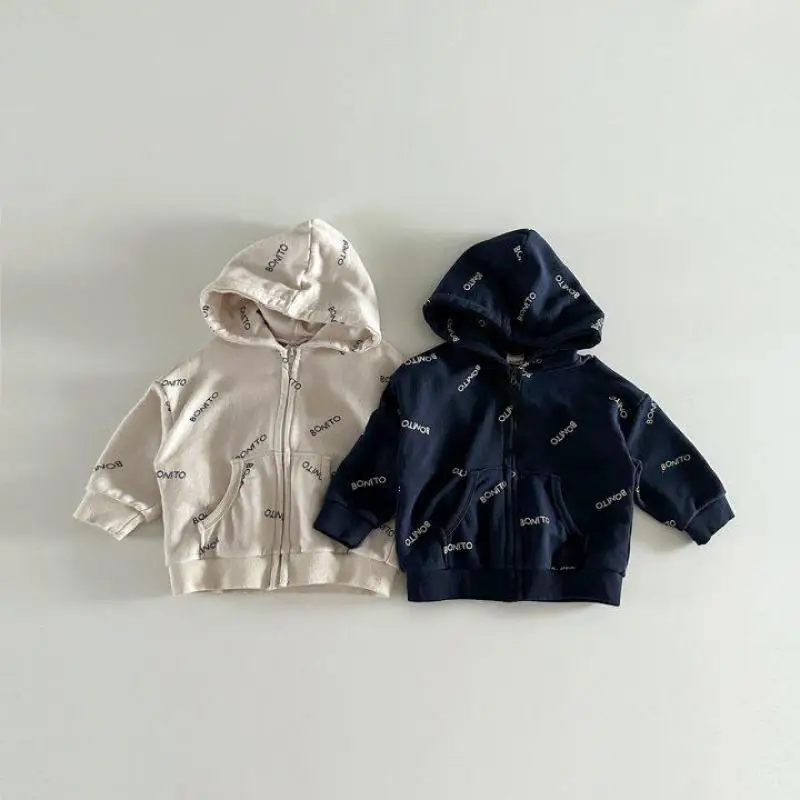 2026 Autumn New Baby Long Sleeve Letter Print Coat Cotton Children Casual Zipper Hooded Jacket Cotton Infant Boy Pocket Hoodie