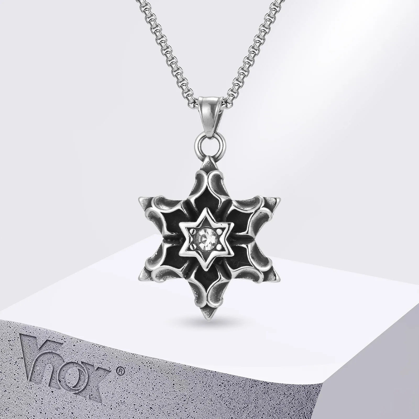 Vnox Hexagramm David Star Halskette, Herren Gothic Floral Strukturierter Anhänger, Punk Dickes, kräftiges, schweres männliches Accessoire