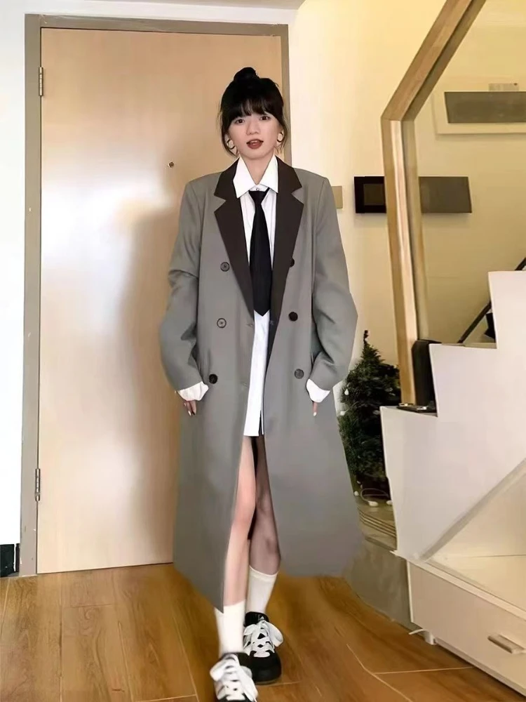 سترة نسائية فضفاضة بألوان متباينة - معطف بليزر كاجوال أنيق على الطراز الكوري، ملابس خارجية عصرية أنيقة للأعمال