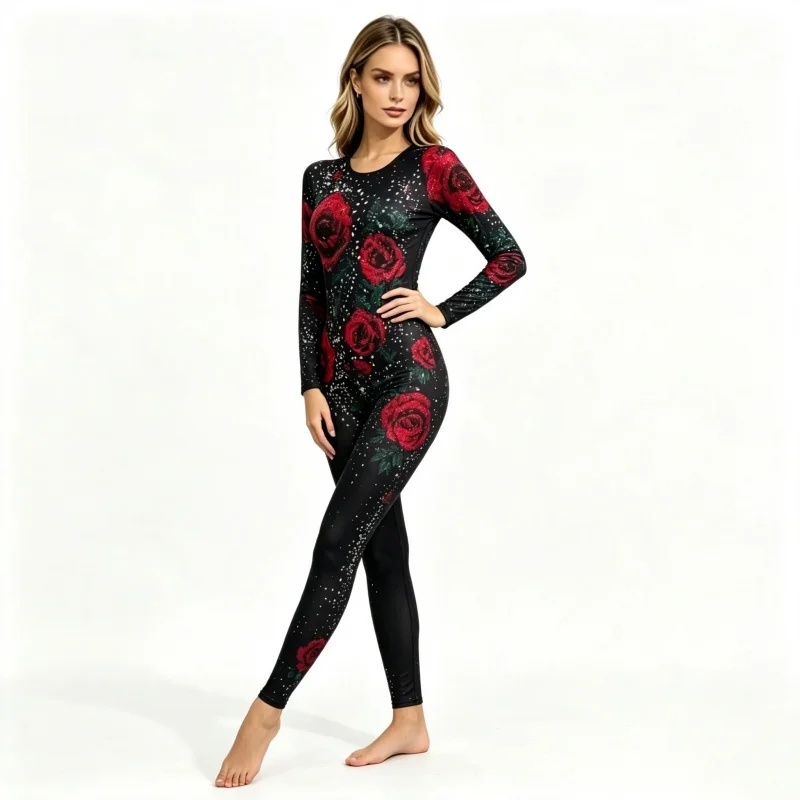 Women Black Red Floral Rhinestones Jumpsuit Sexy Sparkly Tight for Pole Dance Acrobatic Performance Crystal Party Stage Costume