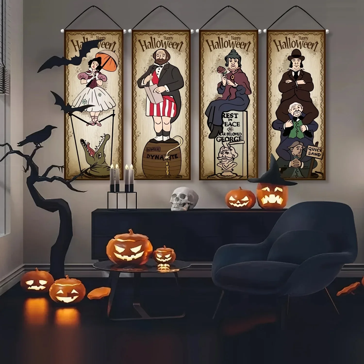 Vintage Haunted Mansion Halloween Vertikales Banner-Set Retro Cartoon-Geister-Charakter Wandbehang-Schild für Indoor-Party-Dekoration – Detail 2