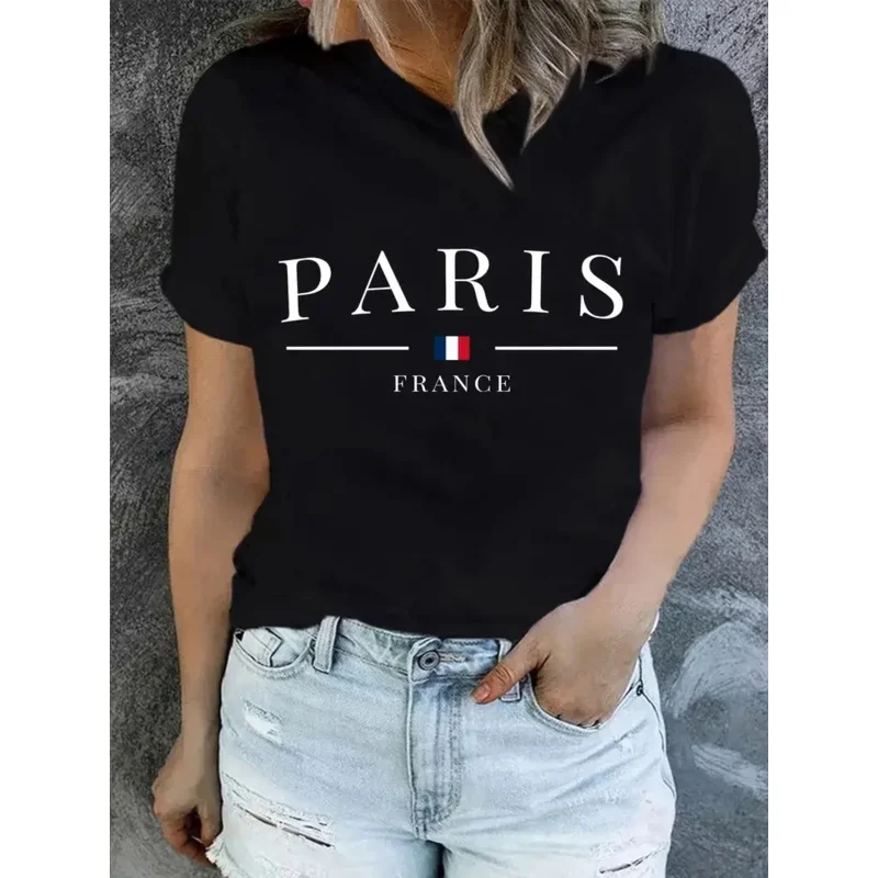 

Paris print T-shirt short sleeve crew neck casual top for summer & spring women's clothing loose breathable tee clothes