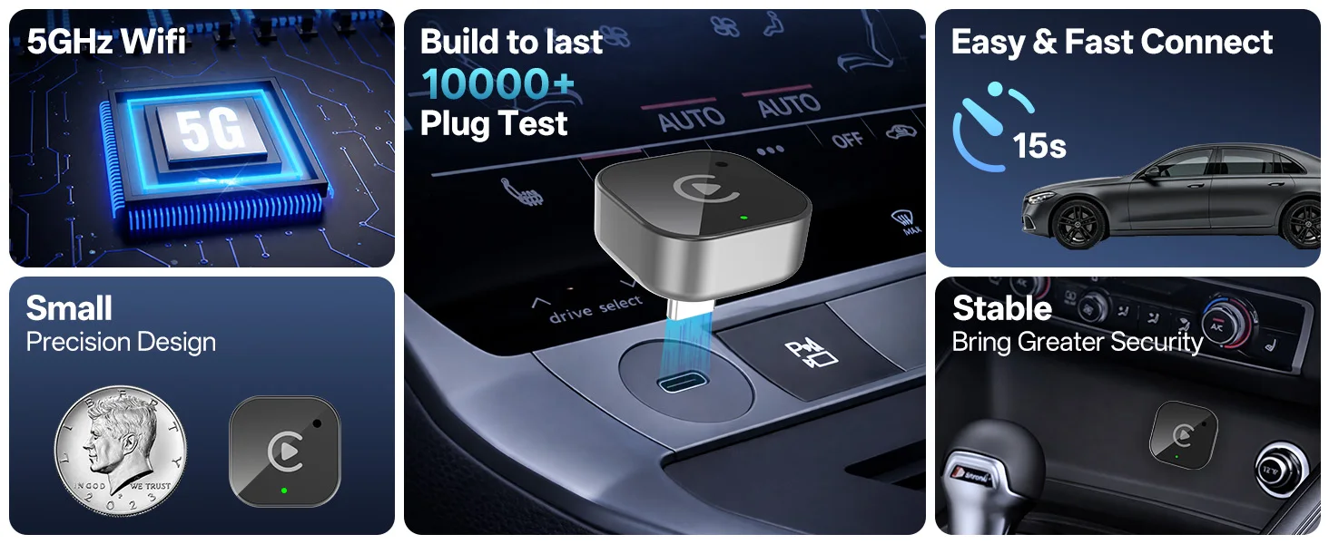 USB-C Wireless CarPlay & Android Auto Adapter, Kabelgebundener zu Kabelloser Dongle | Plug & Play-kompatibel mit iPhone und Android-Smartphones – Detail 3
