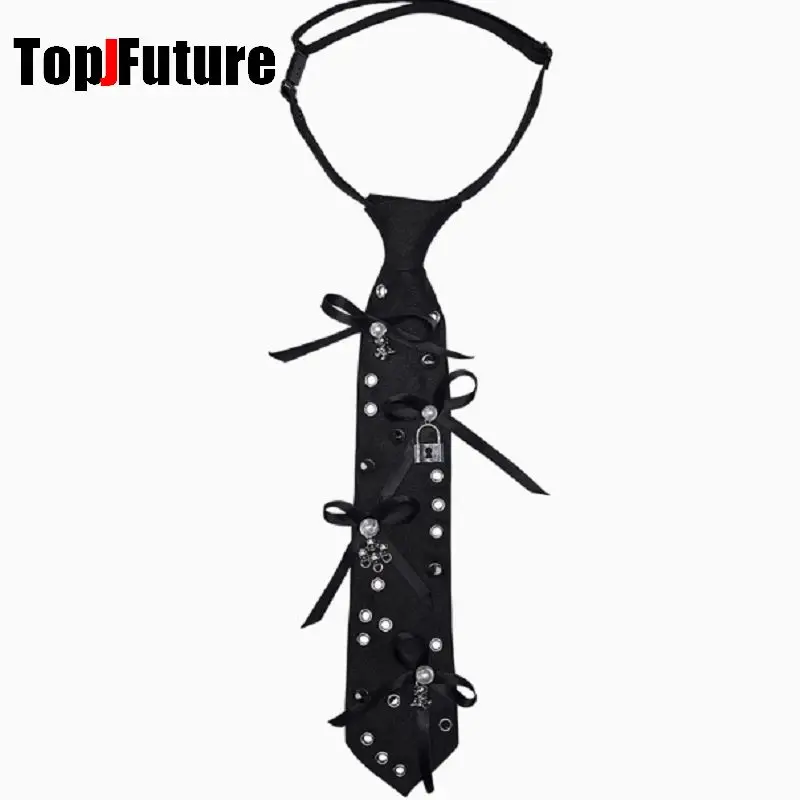 

Women Men Punk Y2K Girl Couple Gothic Lazy Versatile Handsome Trendy Personality JK bow lock Tie Adjustable Rivet Pre-Tied Ties