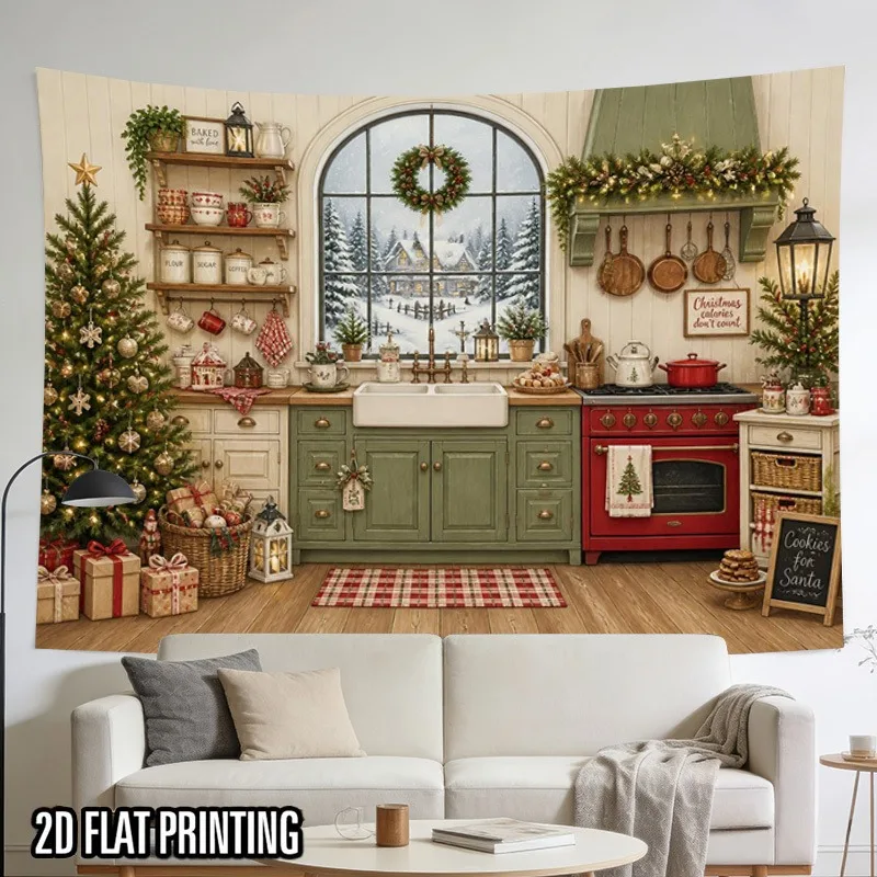 VIKAMA Alpine Christmas Cabin Tapestry, Snowy Mountain View Window, Xmas Wall Hanging Decor for Living Room Bedroom
