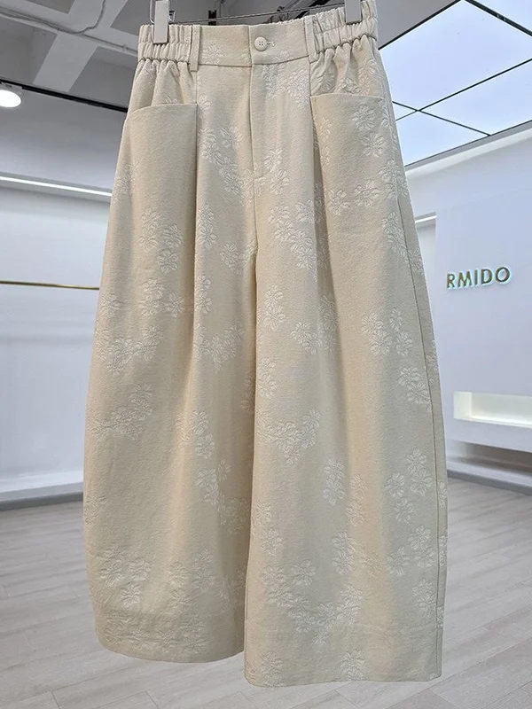 

plus Size Women's Casual High Waist Wide Leg Pants Floral Embroidery Nine Points Loose Fit Summer Trousers for Heavy Girls