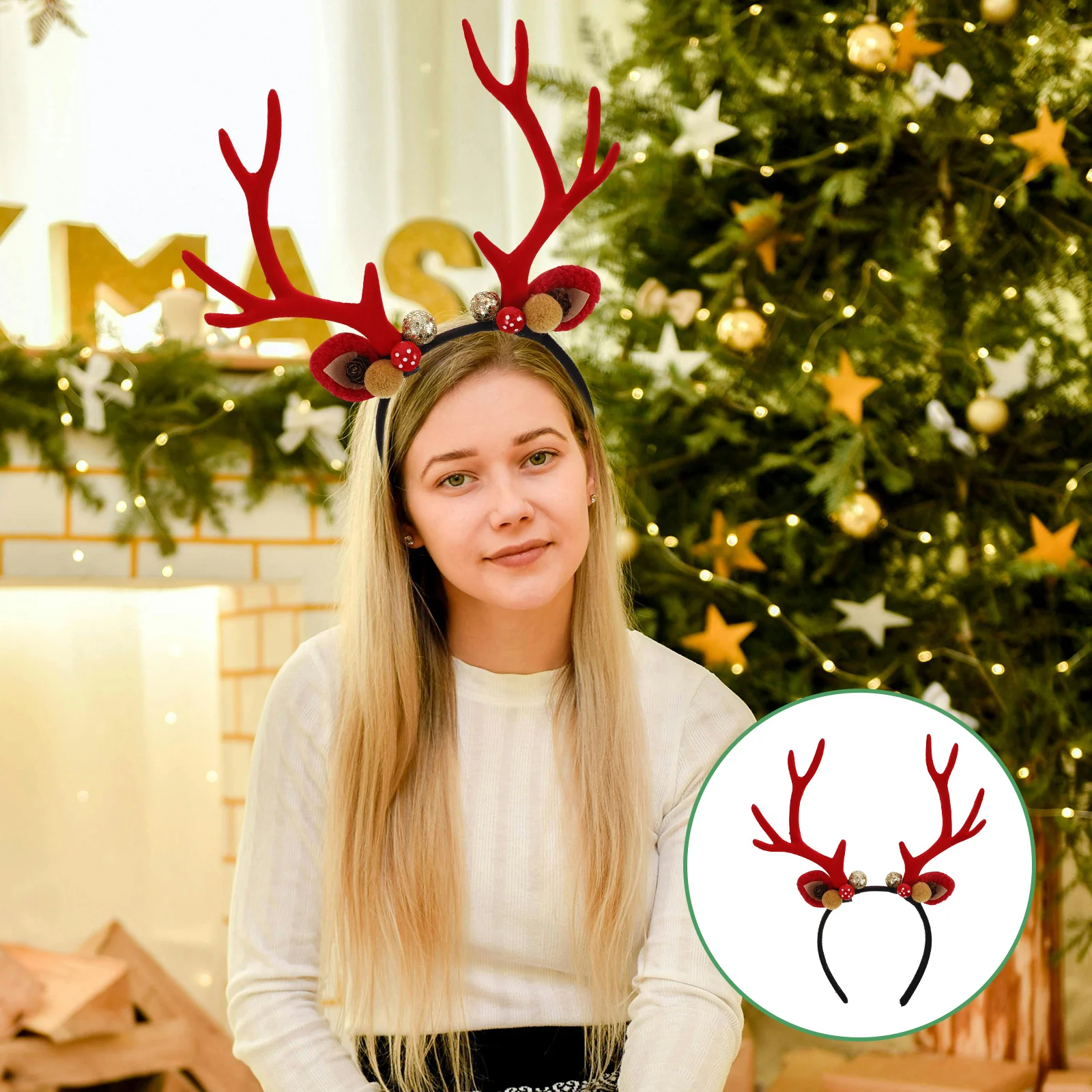 

Holiday Reindeer Antlers Headband Christmas Hair Accessory for Women Men Pine Cone Charm Party Costume Headwear Decor