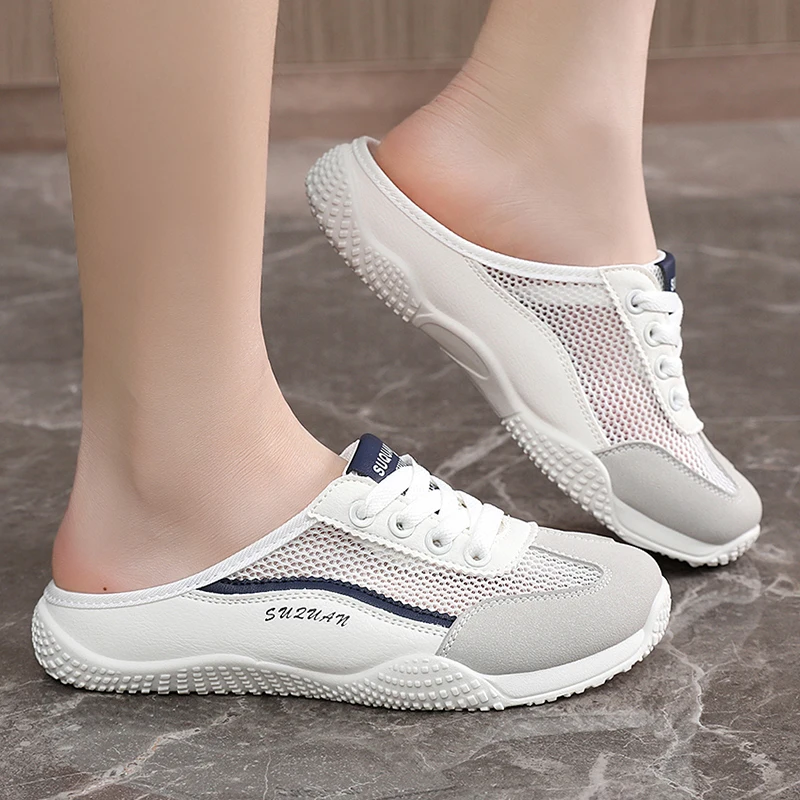 Zapatillas de verano para mujer, sandalias transpirables de malla hueca con punta cerrada, zapatos informales sin cordones para uso diario al aire libre