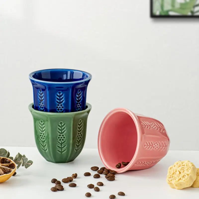 Coffee Cup Set 6 Pieces 100ml, Arabic Tulip Embossed Ceramic Mug,Middle Eastern Multicolor Relief Coffee Tea Cup for Home Office