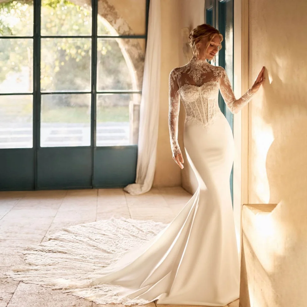 

Customized Sexy Zipper Wedding Dresses Mermaid For Women Charming Long Sleeve Lace Applique Bridal Gown Vestidos De Novia