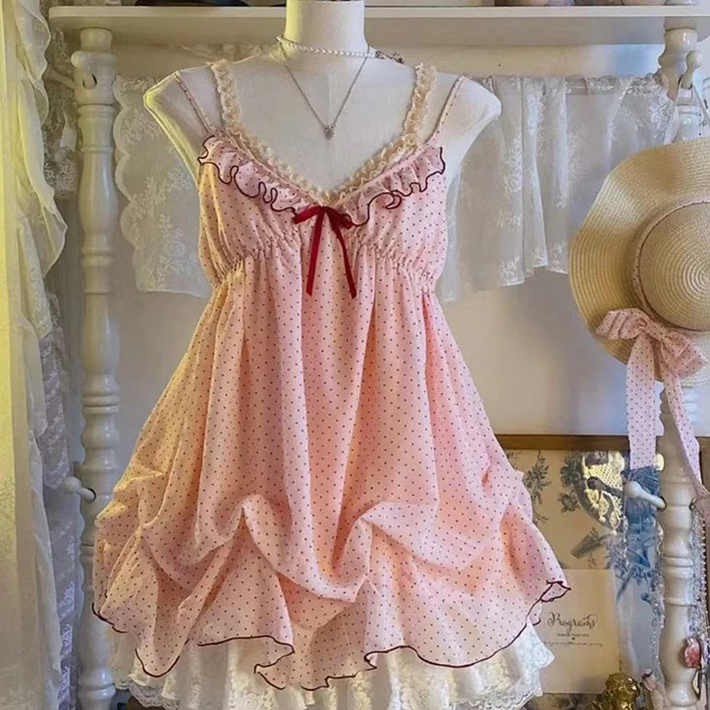 Cute Kawaii Pink Polka Dot Dress, Suitable for Japanese Girls, Harajuku Y2K Summer Women's Cuffless Ruffled Mini Elegant Dress