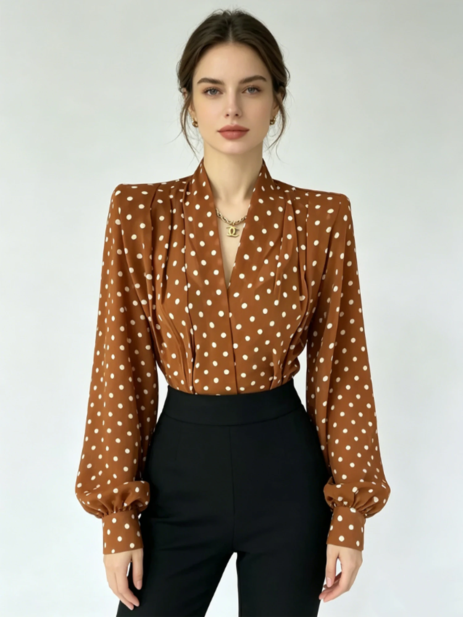 Women's Orange V-Neck Polka Dot Blouses and Shirts Y2k Gyaru Long Sleeve Blouse French Style Shirt Top for Women Spring Autumn