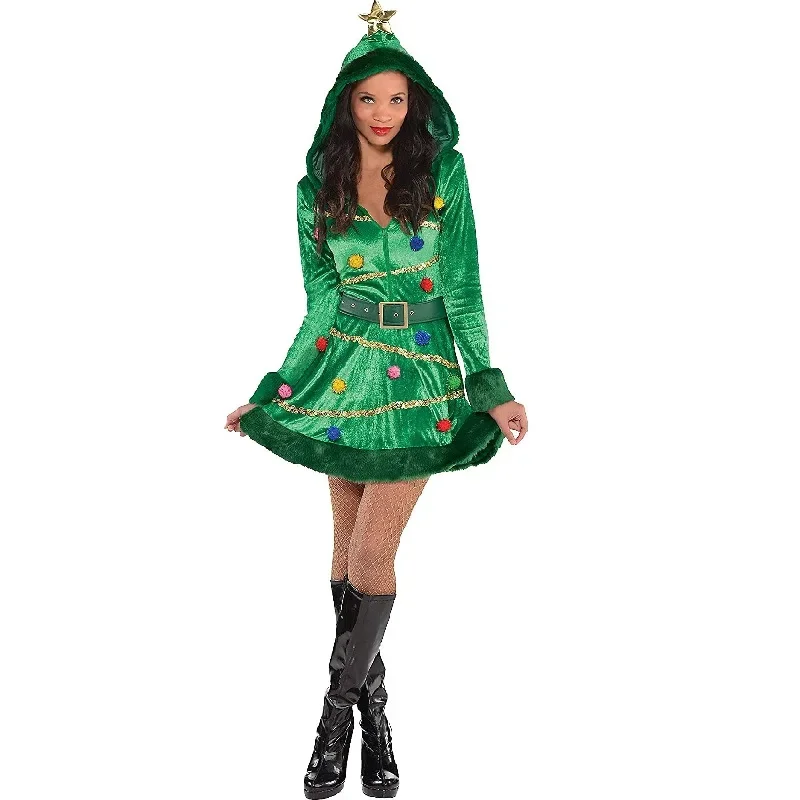 

New Years Christmas Tree Costumes Dress for Women Fancy Green Long Sleeve Hooded Dress with Belt and Sexy Party Cosplay Clothes