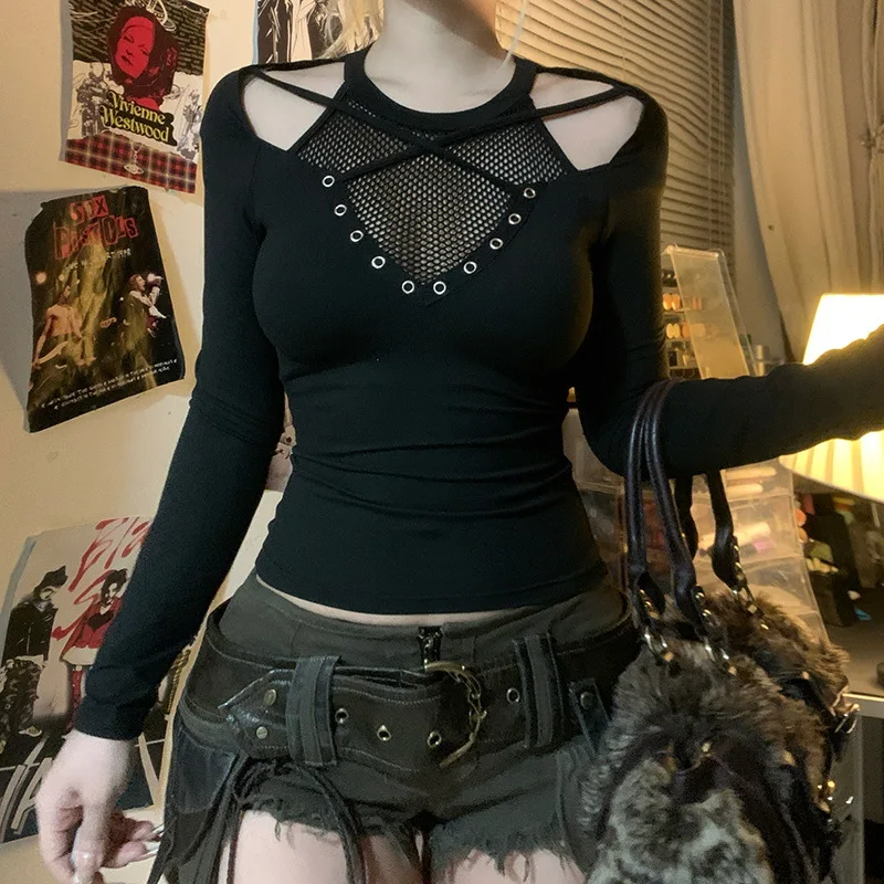 2025 New Vintage Dark Solid Techwear Chic Irregular Grid Hollow Out T-shirts Gothic See Through Slim Women's Y2K Streetwear Tops