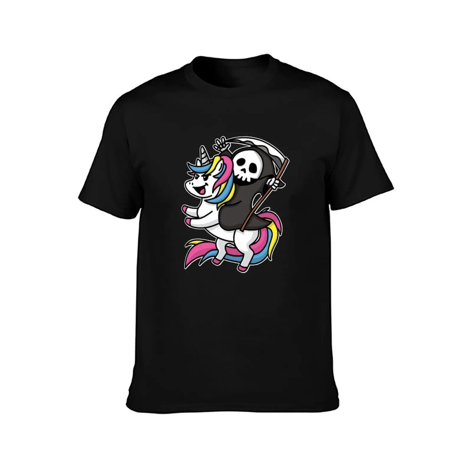 Death Riding Unicorn Kawaii T-Shirt, Summer Casual Cotton Tee, Oversized Streetwear Tops, Vintage Graphic Print, 100% Cotton