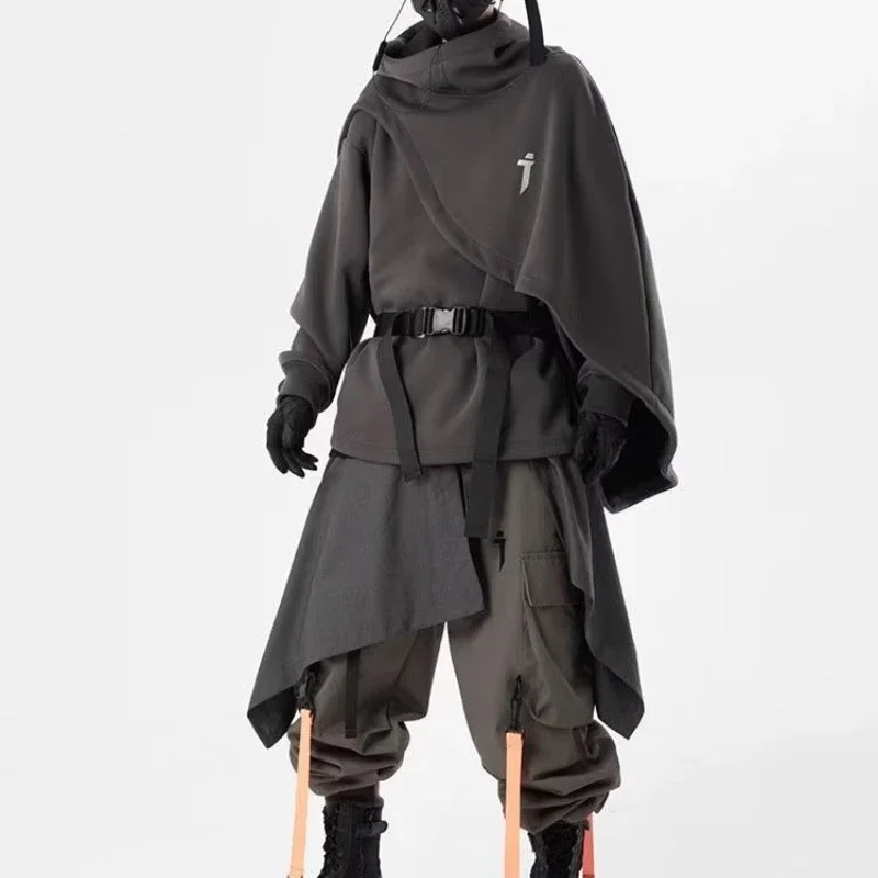 جديد اليابانية الصناعة الثقيلة عباءة البلوز وظيفية عالية طوق عباءة الرجال فضفاضة مقنعين وهمية قطعتين البلوز زوجين معطف