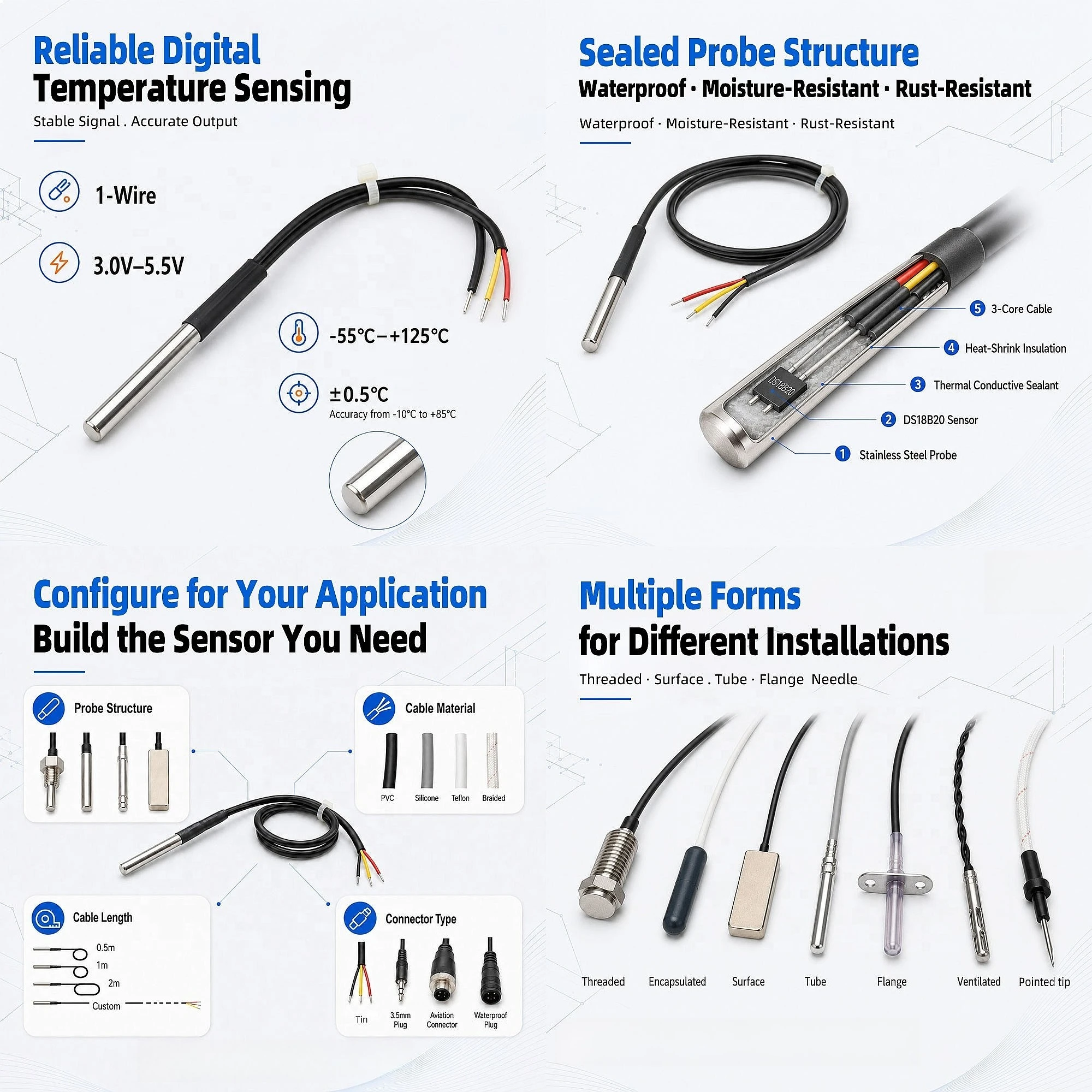DS18B20 GTS200 Stainless Steel Digital Temperature Probe Sensor for Smart Home IoT Water Heater Refrigerator