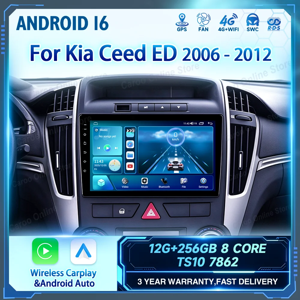 Android 16 Car DVD Radio Stereo For Kia Ceed ED 2006-2012 Auto Multimidia Video Player Carplay QLED Screen GPS Navigation WiFi