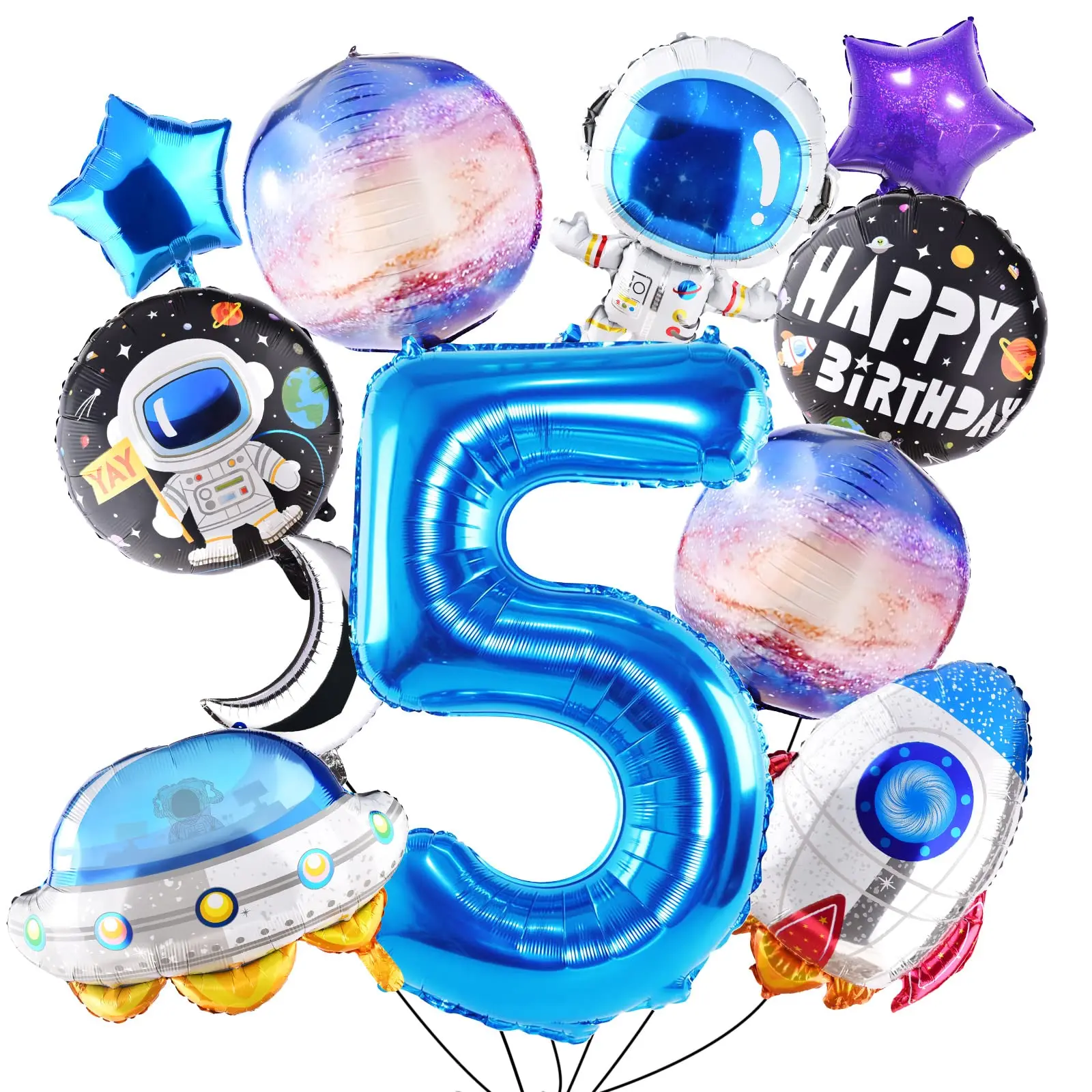 11pcs Outer Space Birthday Party Decorations Rocket UFO Planet Foil Balloons Set For Kids 5th Astronaut Theme Party Supplies