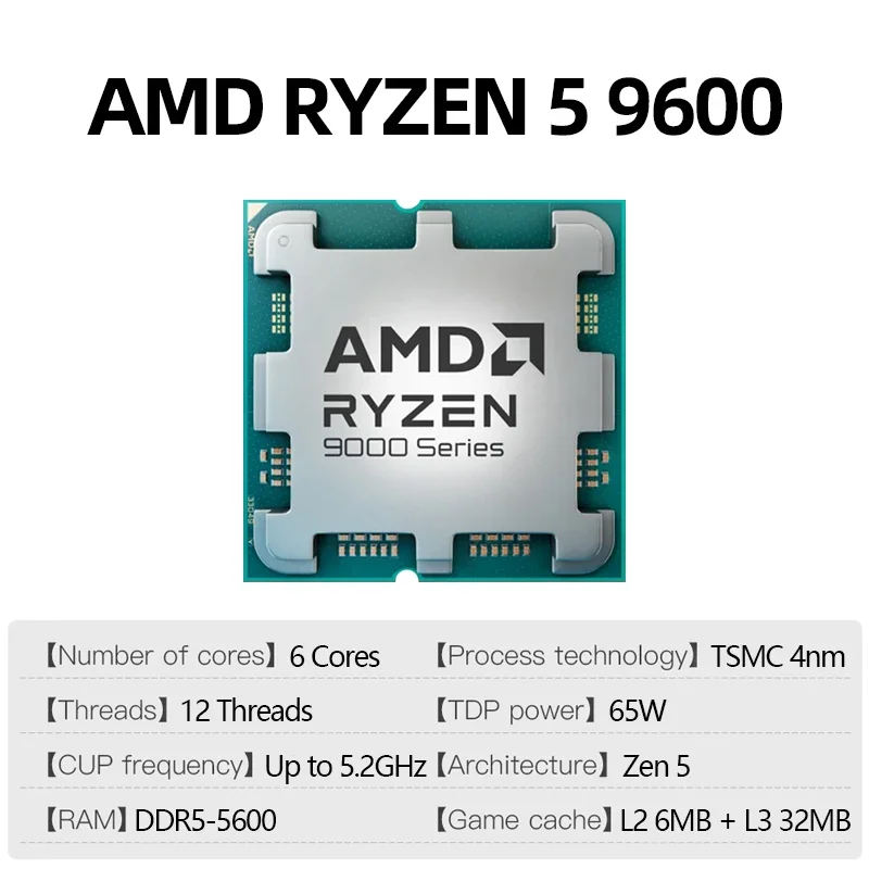 AMD Ryzen 5 9600 CPU Max Boost Hingga 5.2GHz 6-Core 12-Thread Socket AM5 Desktop Gaming