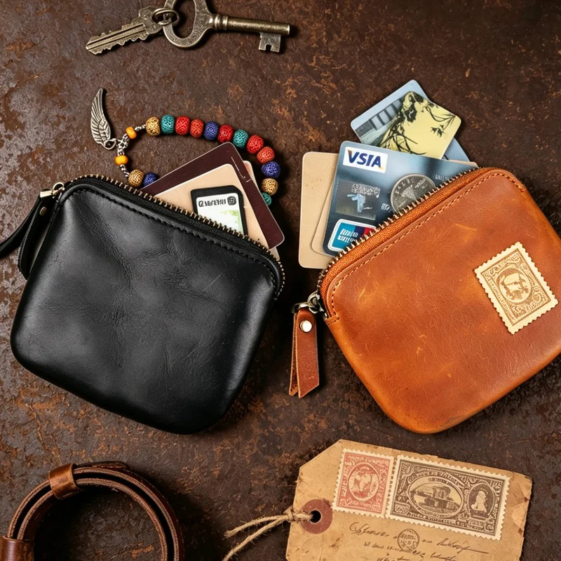 Crazy Horse Leather Purse Compact Vintage Coin Pouch Mini Money Bag Wear-Resistant Portable Card Slot For Everyday Use Dating