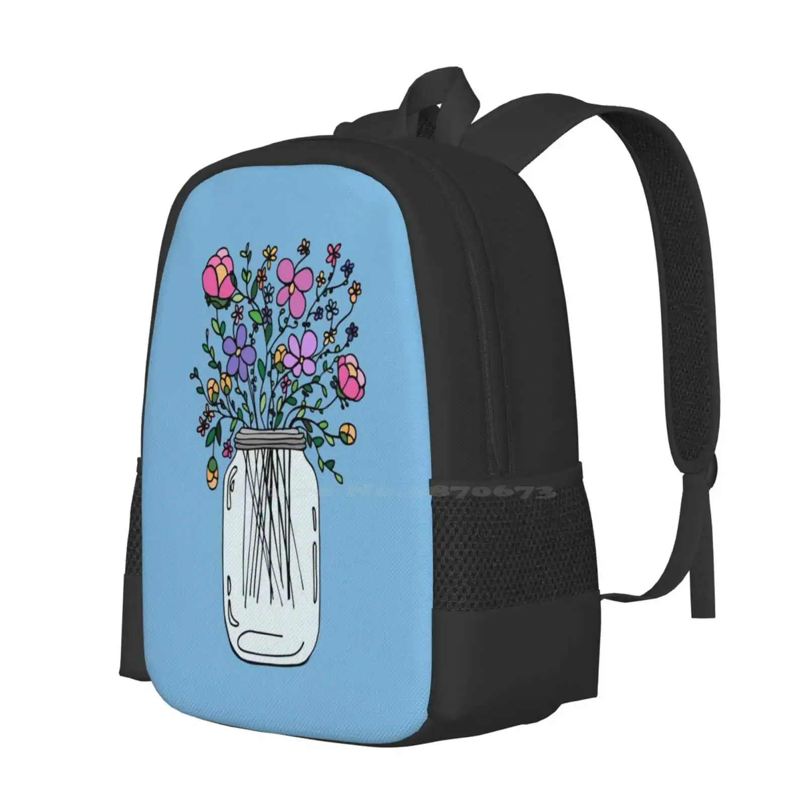 Mason Jar With Flowers Pattern Design Bag Student'S Backpack Girly Creative Hipster Fashionable Unique Summertime Secret Garden