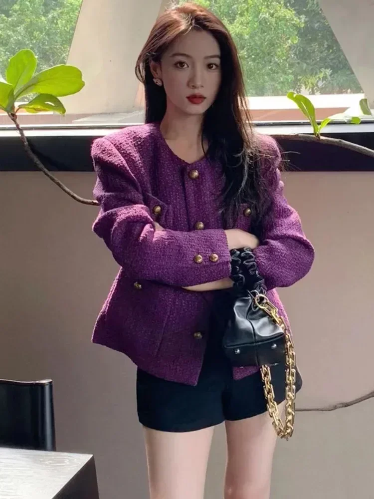 New Vintage Tweed Purple Jacket Women Elegant Long Sleeve Single Breasted Elegant Woolen Coat Korean Fashion Outwear Fall Winter