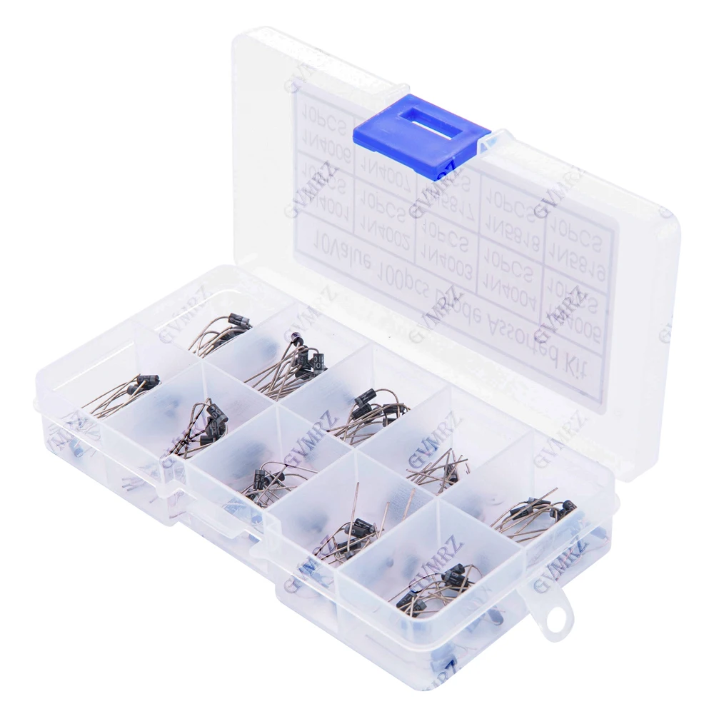100Pcs 10 Values Rectifier Diode Assorted Kit 1N4001 1N4002 1N4003 1N5817 1N5818 1N5819 with Box 1N4004 1N4005 1N4006 1N4007