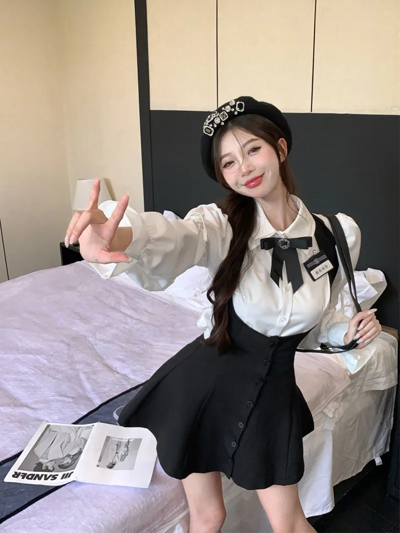 

Sweet And Spicy School Uniform Set Women's Long Sleeve Collar Black Dress with Straps Autumn Fashion Two-Piece Suit