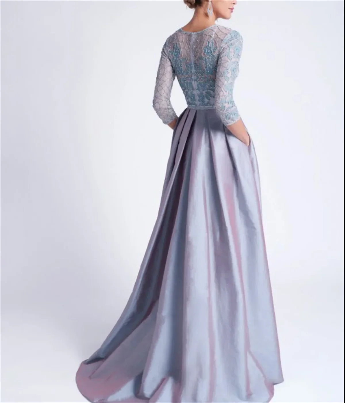 2024 Blue Purple 3/4 Long Sleeve a Line Bridal Prom Dress Lace Appliqué Elegant Satin Saudi Arabian Long Evening Dress New Custo