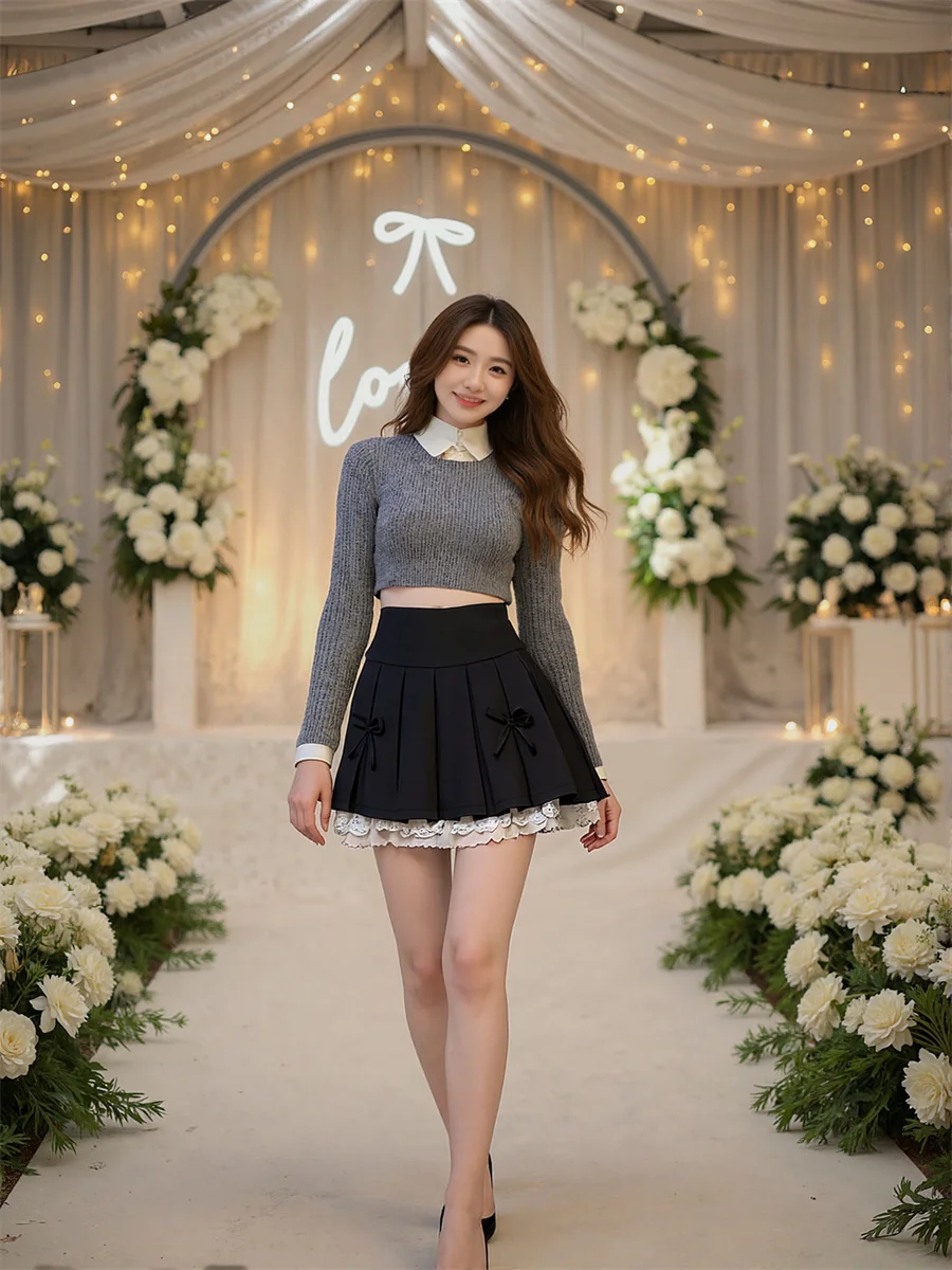 خليط التنانير الدانتيل الصغيرة Y2K ملابس حريمي الشتاء الصوف ألف خط العمل الكلاسيكية امرأة دافئة سميكة اصطف مزاجه الفتيات الكاملة #4