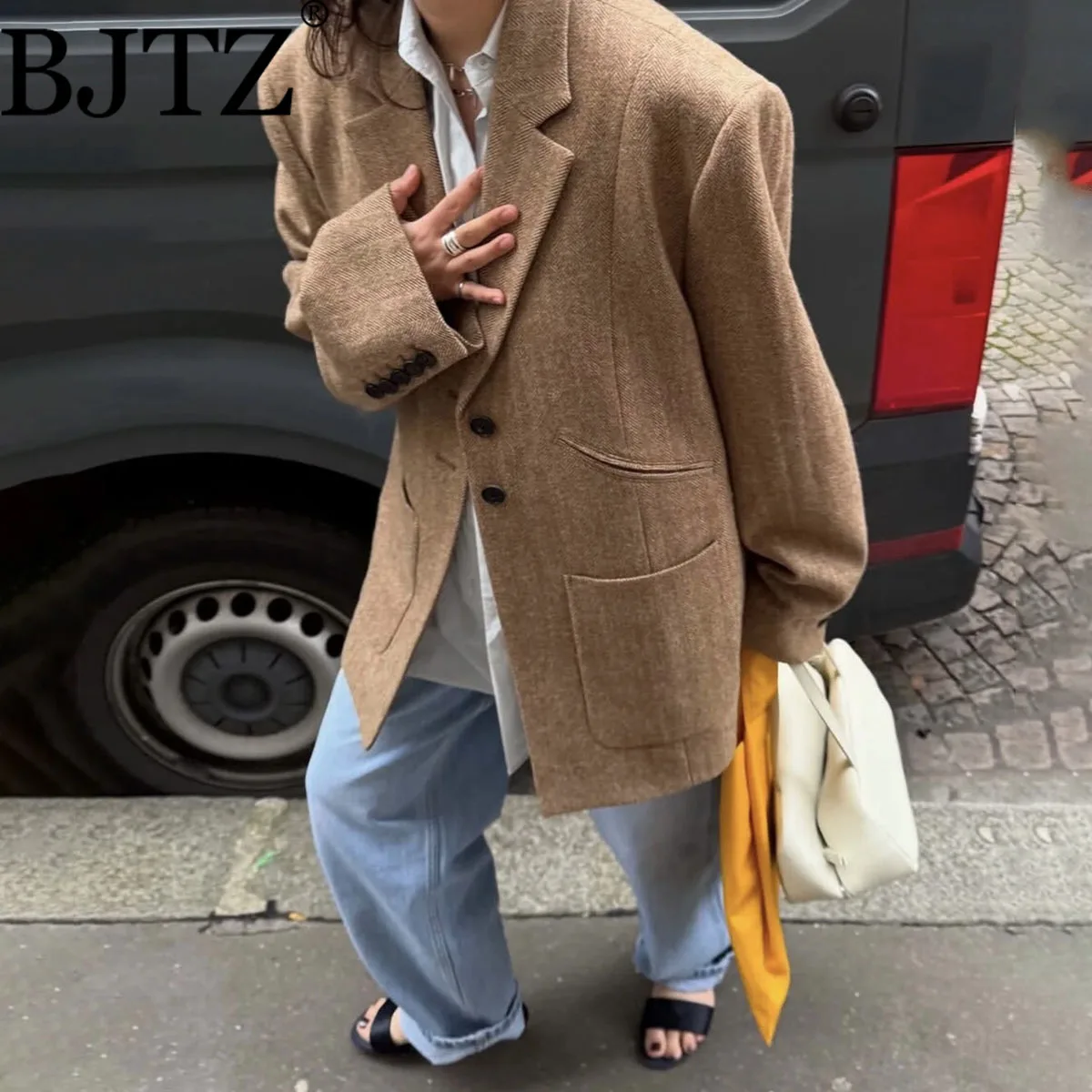 

BJTZ 2025 осенне-зимний женский минималистичный пиджак на заказ, шикарная офисная одежда, негабаритная веганская кожаная куртка, роскошная верхняя одежда