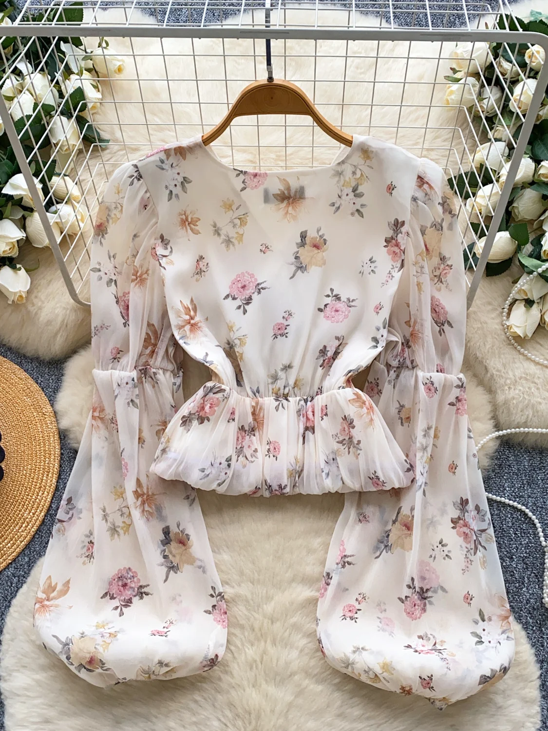 Ele V-Ne Lantern Sve Printed Me irt Women's Slimming Waist Cinched Top Korean Sle Loose Fit Long Sve irt