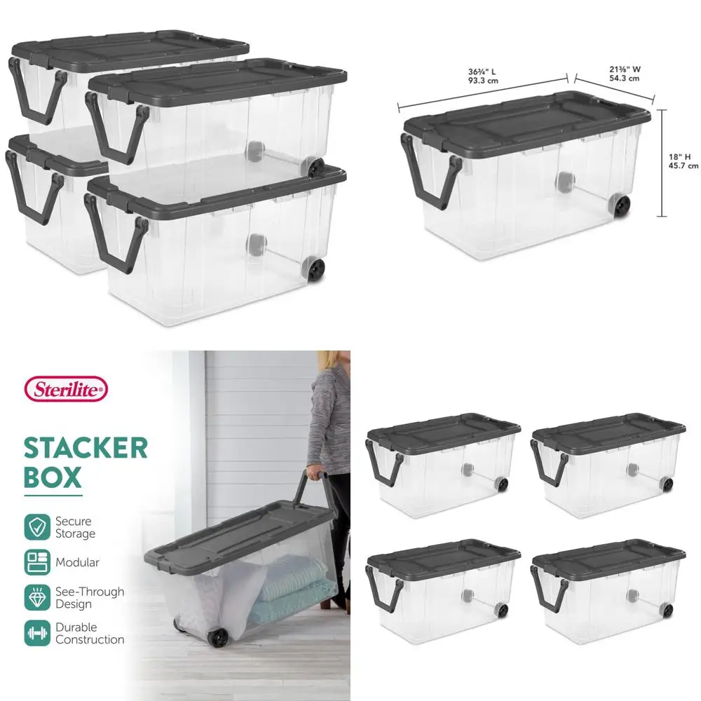 4 عبوات من صناديق تخزين معيارية معقمة قابلة للتكديس مع أغطية شفافة للإغلاق، سعة 160 كوارت