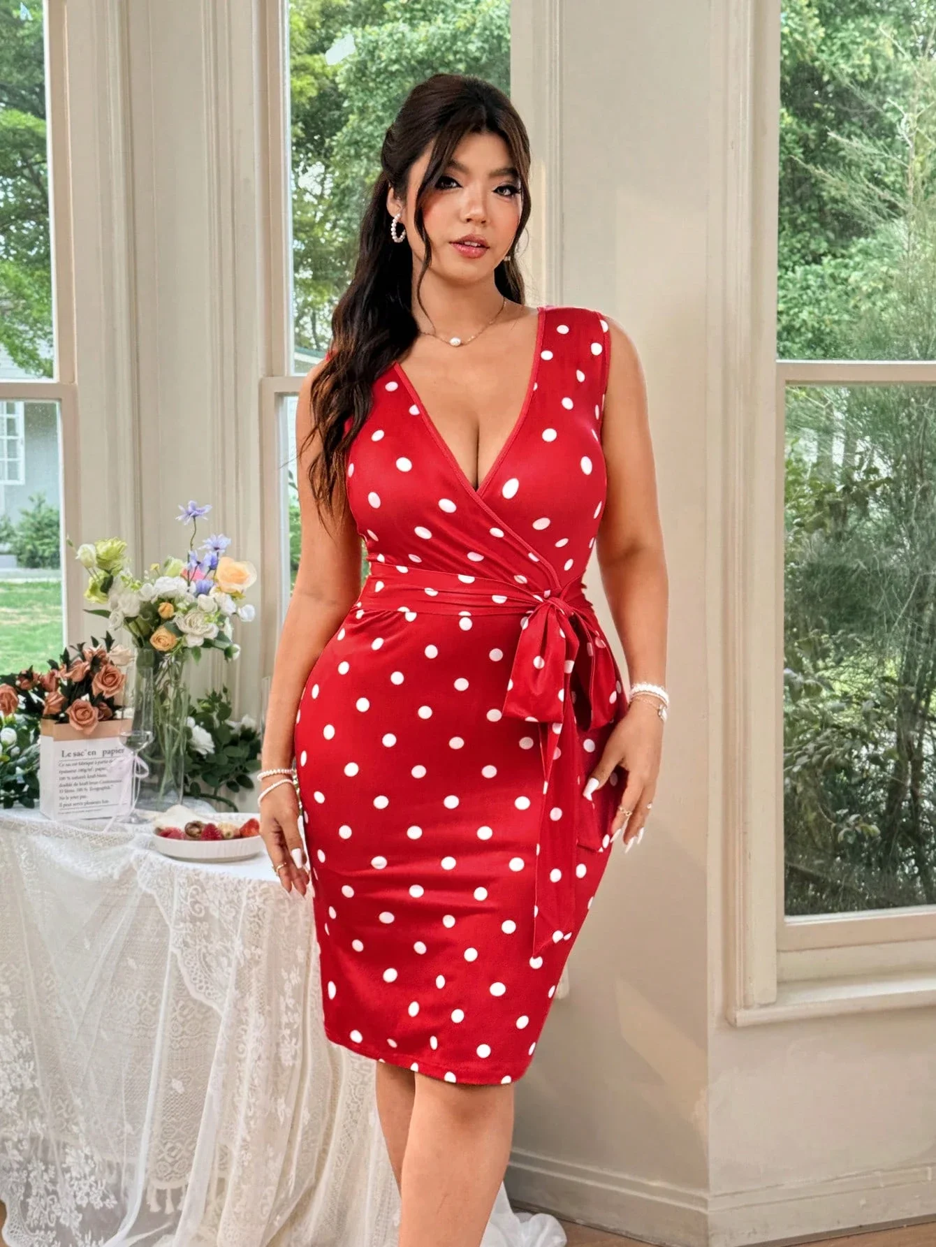 

Red Polka Dot Wrap Dress With Tie Waist For Women Casual Party Vacation
