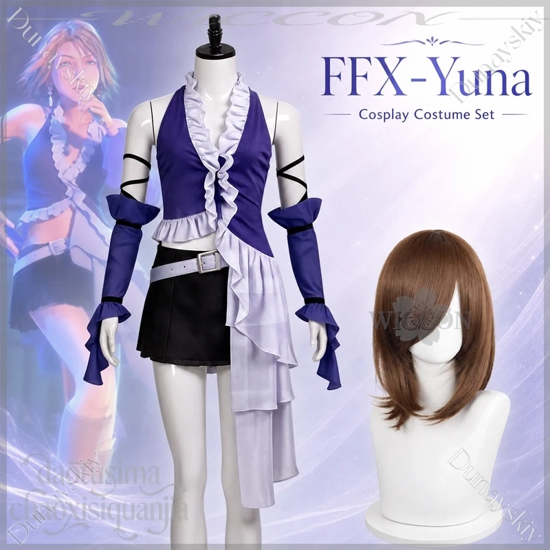 Y2K Jirai Kei Yuna Purple Halter V-neck Ruffle Frill Cropped Cos Top Cosplay Anime Game FFFX Costume Idol Stage Outfit Halloween view 2