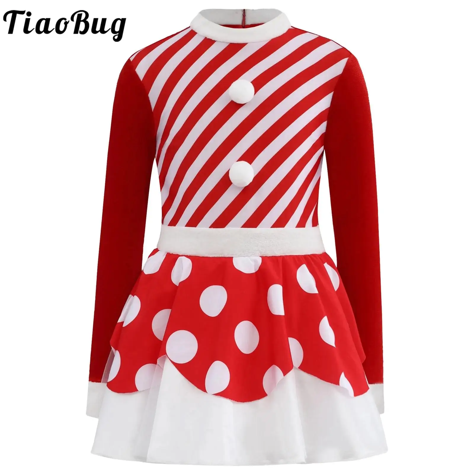 

Girls Christmas Candy Cane Santa Dress Holiday Costume Ballet Dance Long Sleeve Pompom Striped Tutu Dress with Built-In Briefs