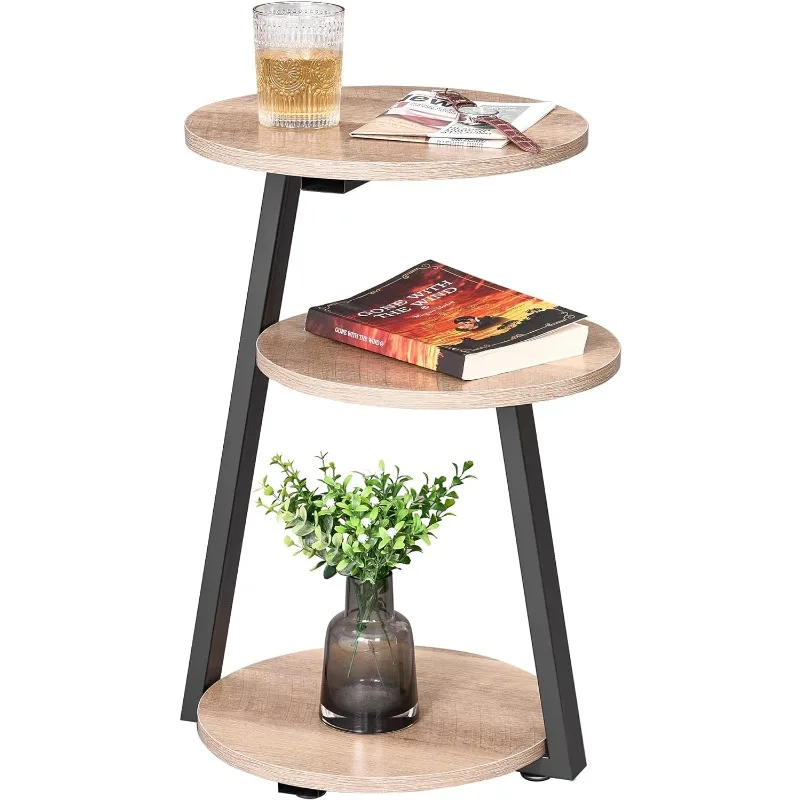 

Round End Table Side with Metal Frame, Accent Nightstand Bedside 3-Tier Shelves, Small for Living Room Bedroom Couch