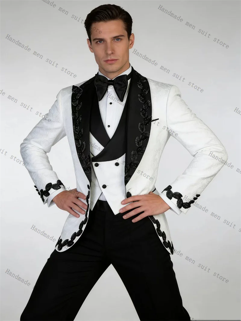 White Black Men Suit Set 2 Piece Crystals Blazer+Cotton Pants Prom Wedding Tuxedos Coat Customized Formal Office Fashion Jacket