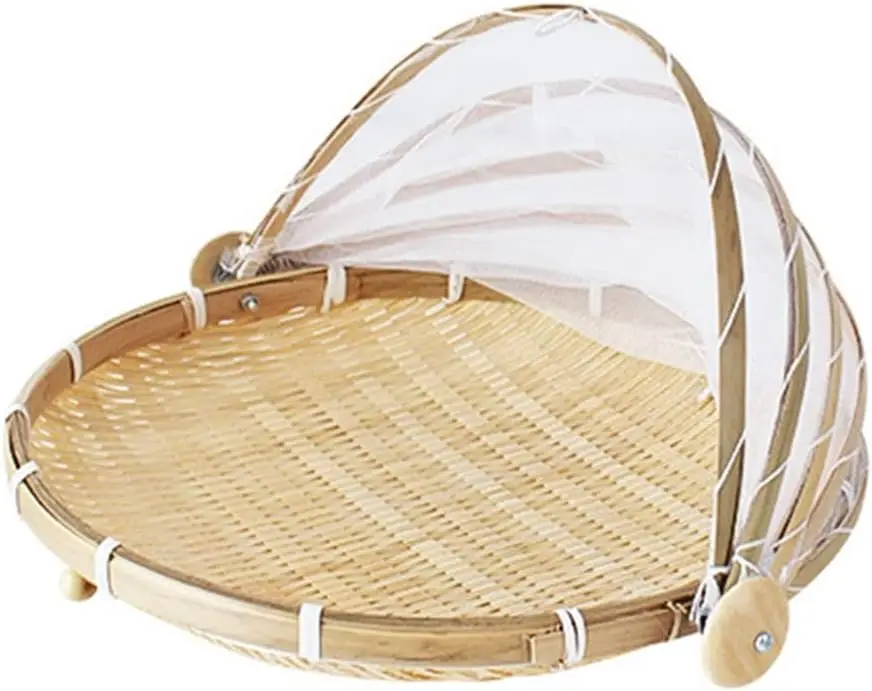 Hand-Woven Food Tent Basket Tray Fruit Vegetable Bread  Basket Simple Atmosphere Outdoor Picnic Mesh Net Cover