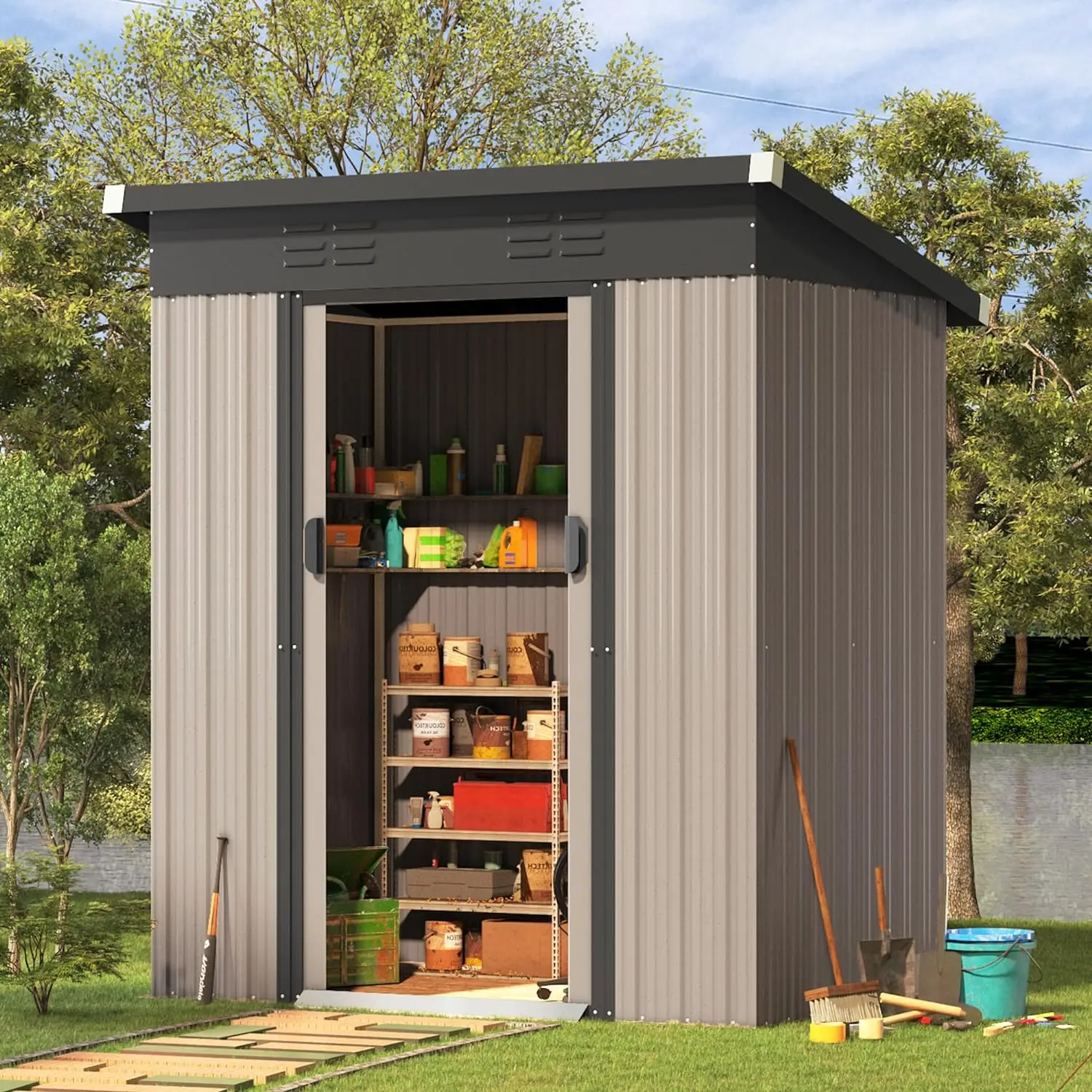 

5 x 3 Ft Shed, Small Outdoor Storage Tool Shed (Sliding Door), Metal Garden Shed for Yard, Outdoor Storage Clearance in Taupe