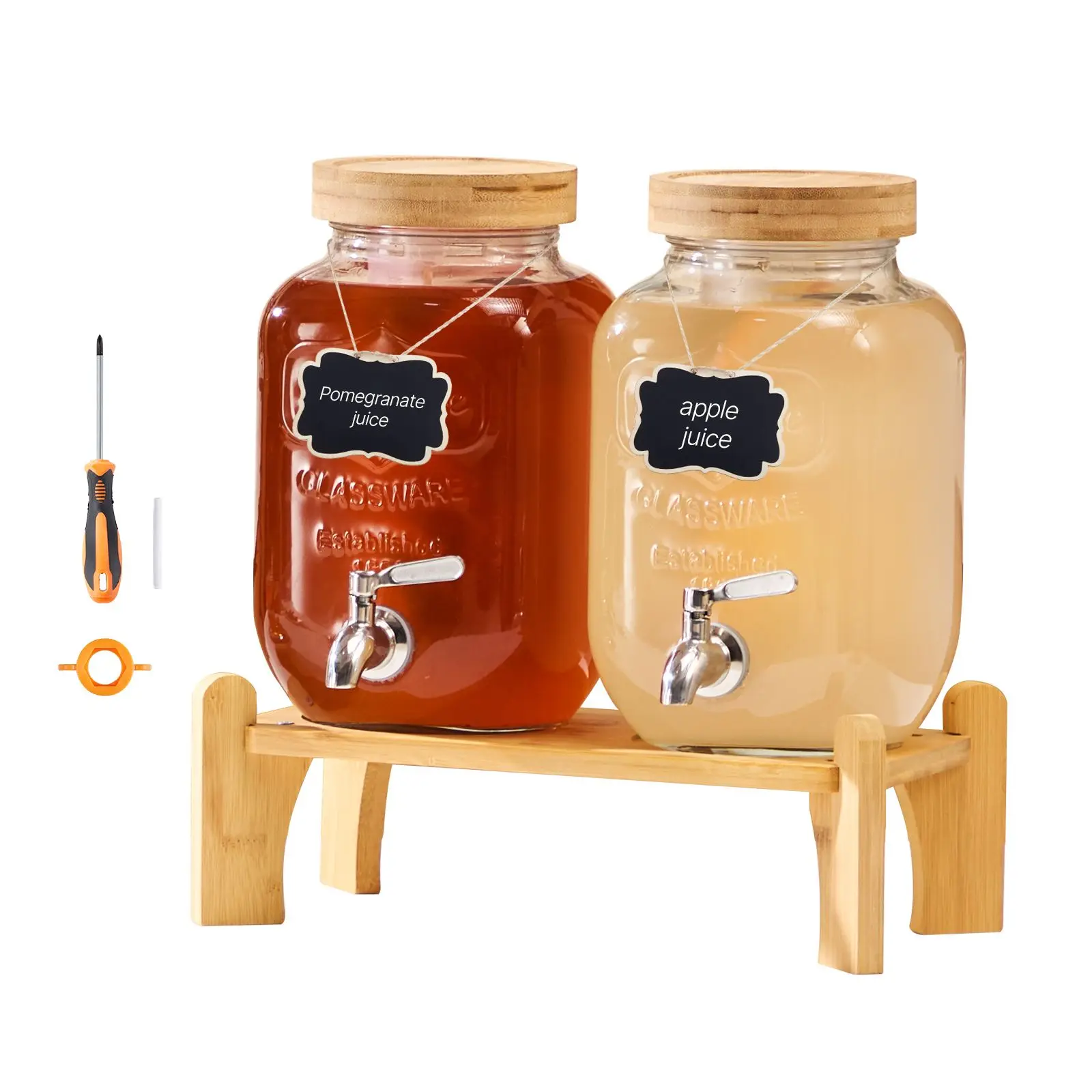 Beverage Dispenser, 2 Pack 1 Gallon Drink Dispensers for Parties, Glass Juice Dispenser with Wood Stand, Stainless Steel Spigot, Infuser, Iced Tea Lemonade Juice Water Dispensers for Parties view 8