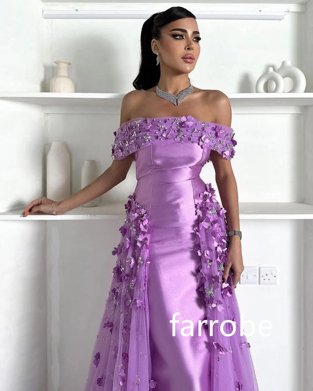 Customized Pastrol Tulle Pleat Flower A-line Off-the-shoulder Long Dresses Homecoming Dresses Unisex Chinese Style Formal Casual