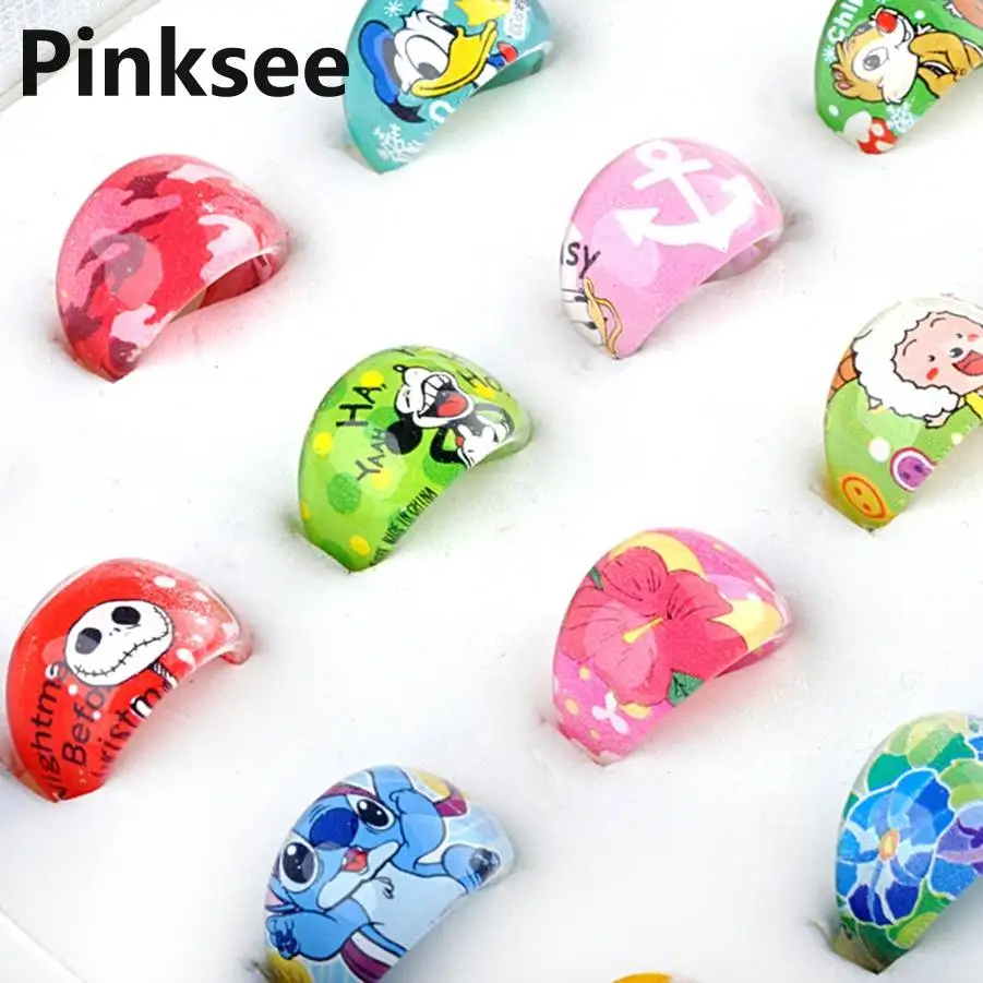 10Pcs  Mixed Lots Cute Cartoon Animal Ring Children Kids Resin Lucite Rings Jewelry 15MM Best Gifts For Christmas