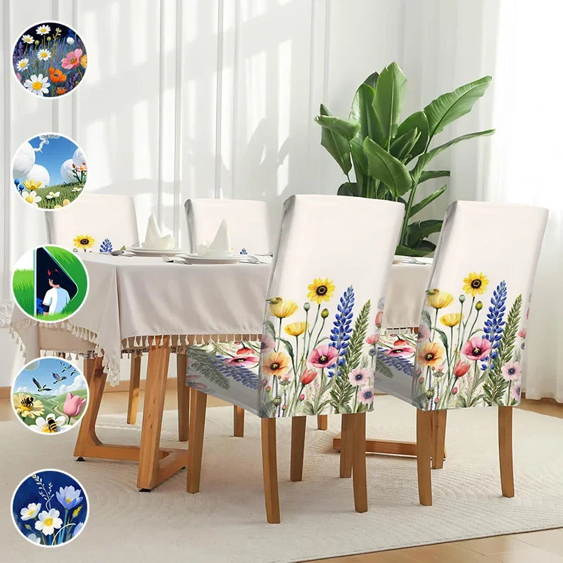 Restaurant seat elastic protective cover, removable and washable home decoration items, spring daisy pattern chair cover