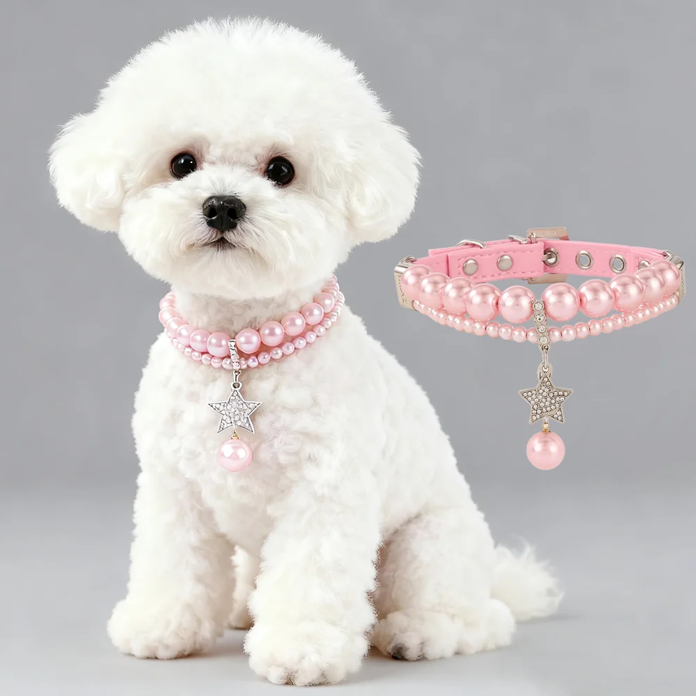 

Luxury Pearl Pet Collar with Crystal Star Pendant - Handwoven Steel Wire Dog Leash Set PU Leather Pet Necklace for Party