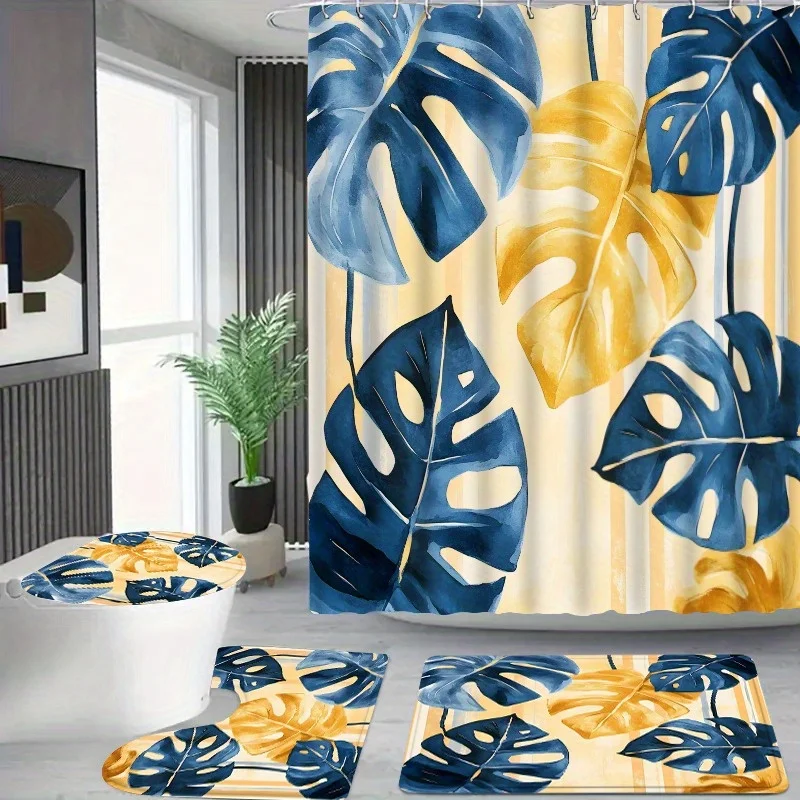 4pc Blue and yellow leaf pattern bathroom set, U-shaped mat, non-slip mat, toilet seat cover, shower curtain