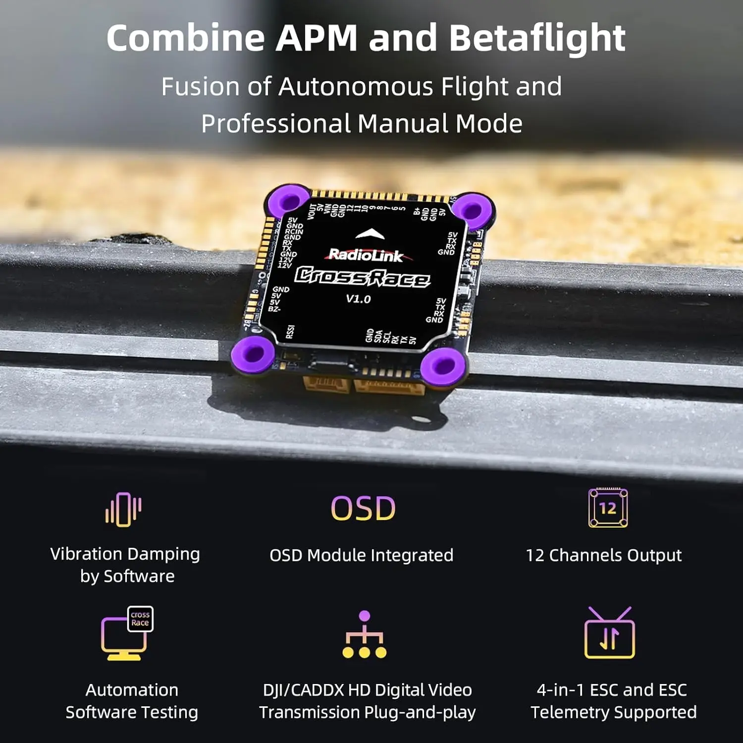 Radiolink CrossRace Flight Controller 12CH Output OSD Integrated, Compatible 4-in-1 ESC Plug-and-play and 2-8 Axis Multirotor