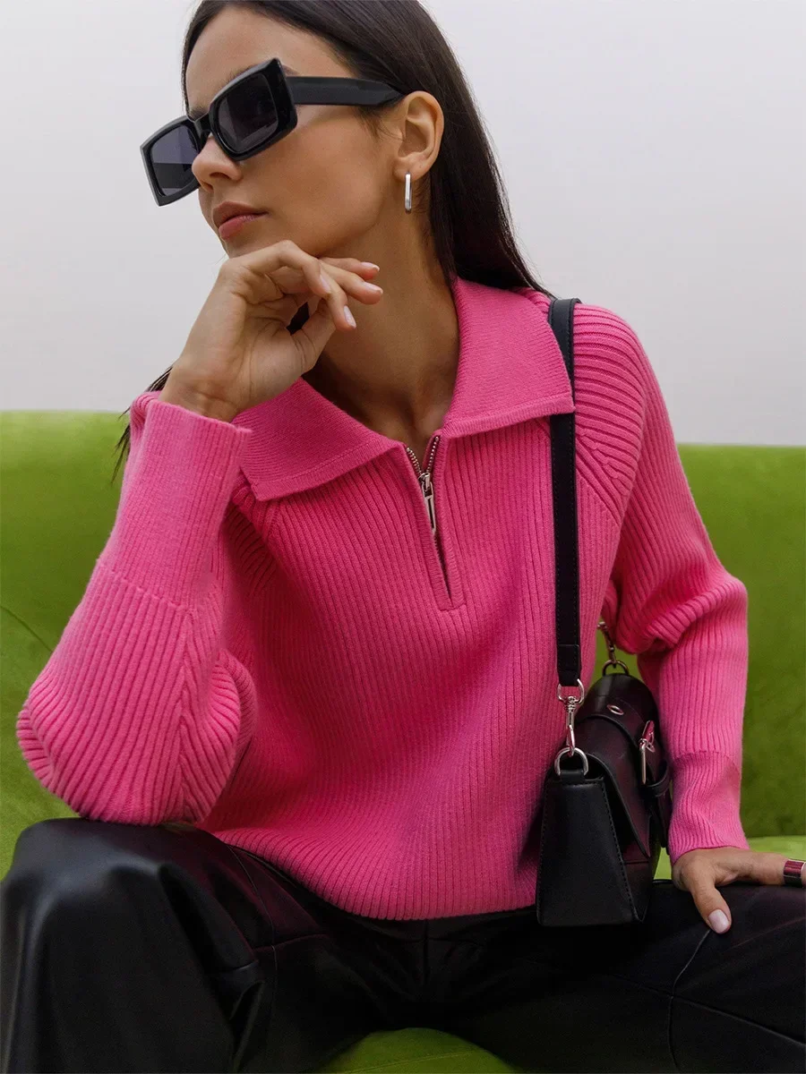 Bornladies Autumn Winter Simple Casual Polo Collar Pullover Sweate Office Lady Warm Knitted Top Women\'s Knitted Long Sleeves